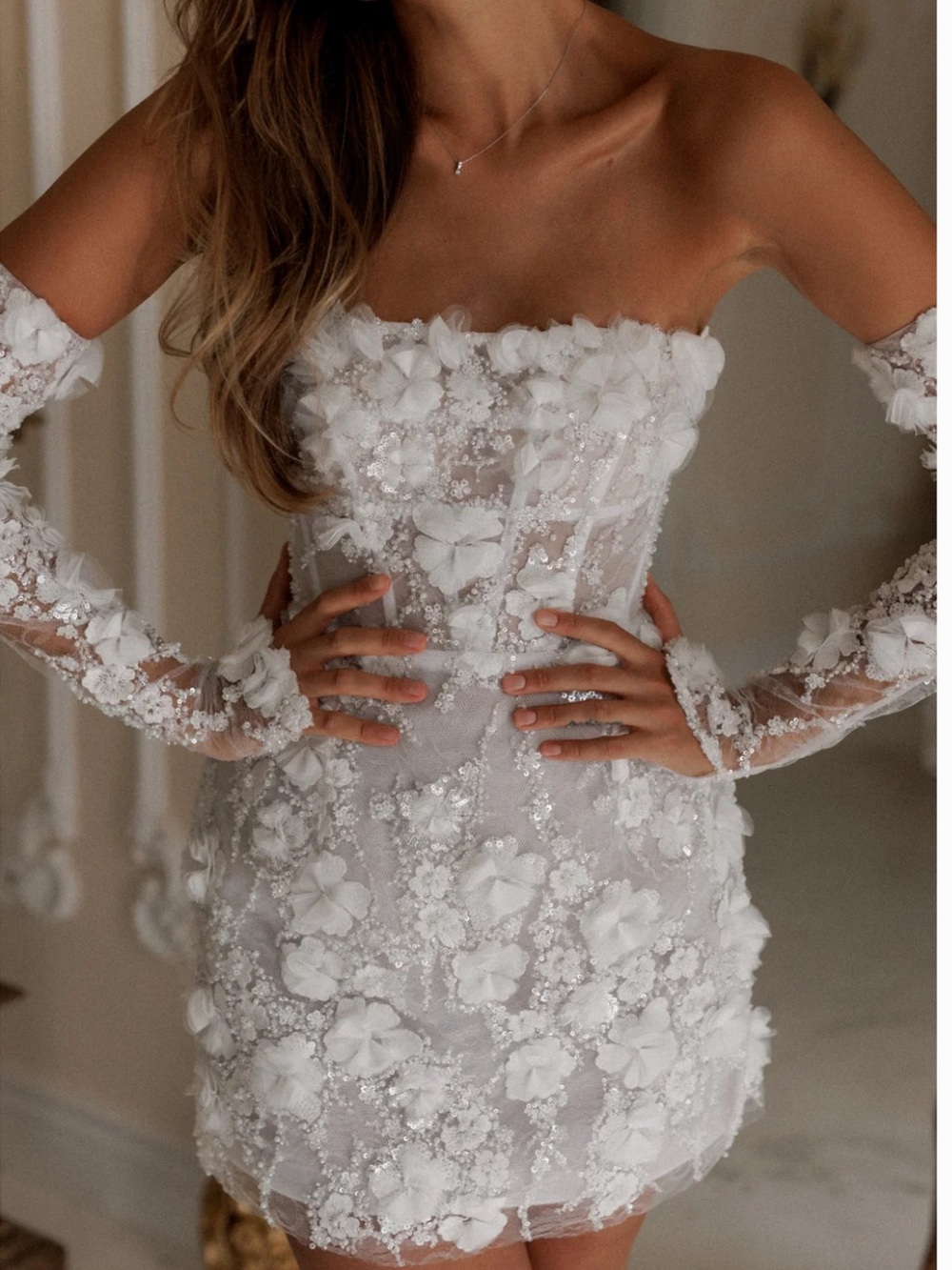 Rosie Etienne Isabelle Strapless White Floral Mini Bridal Dress & Gloves Size 6 - Picture 2 of 16